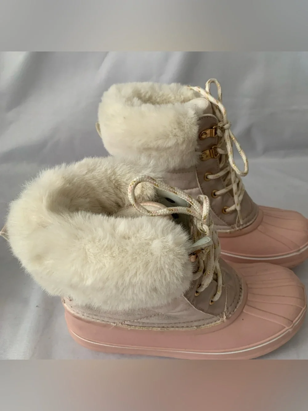 London Fog Boots Girls Size 3 Pink Faux Fur Lace Up Winter Snow Rain FNF21Y5 EUC